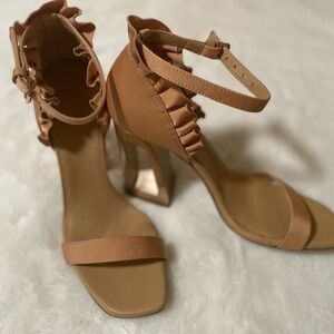 Vic Matie Peach Satin and Leather Ruffle Strap
Metallic Cut Out Heels